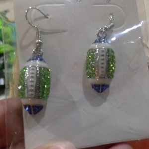 Blue green seahawks colors bling football earrings